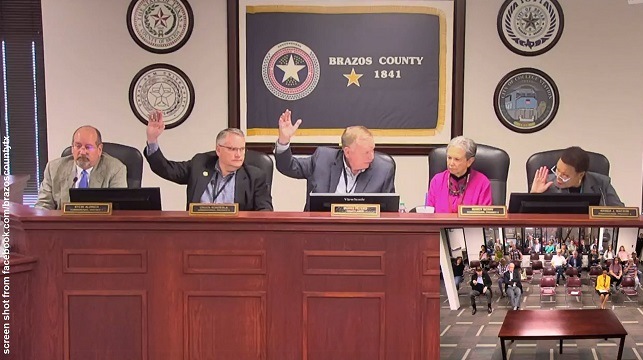 Screen shot from facebook.com/brazoscountytx showing raised hands from (L-R) Chuck Konderla, Duane Peters, and Wanda Watson.