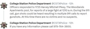 Screen shots from the College Station police department's Twitter account.