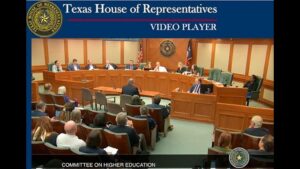 Screen shot from the Texas House video stream showing Texas A&M professor Trevor Hale testifying before the House higher education committee on May 8 2023.