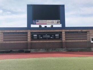 The video scoreboard that will be replaced at Merrill Green Stadium, June 8 2023.