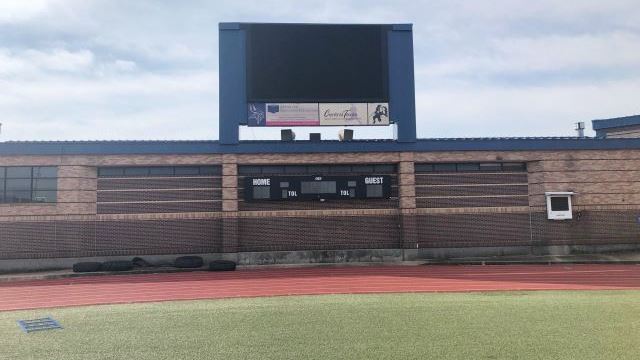 The video scoreboard that will be replaced at Merrill Green Stadium, June 8 2023.