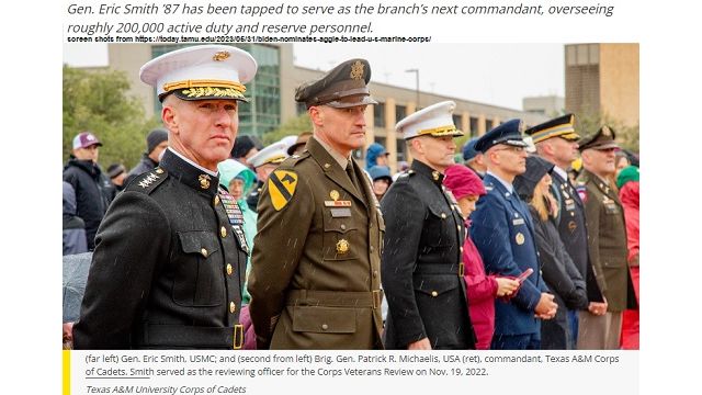 Screen shots from https://today.tamu.edu/2023/05/31/biden-nominates-aggie-to-lead-u-s-marine-corps/