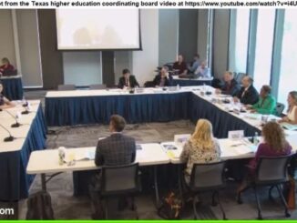 Screen shot showing Texas A&M provost Alan Sams at the left table is from the Texas higher education coordinating board video at https://www.youtube.com/watch?v=i4UyfL9ut6I