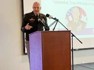 Texas A&M corps of cadets commandant Patrick Michaelis speaking at the Leadership Brazos alumni association luncheon on July 13, 2023.