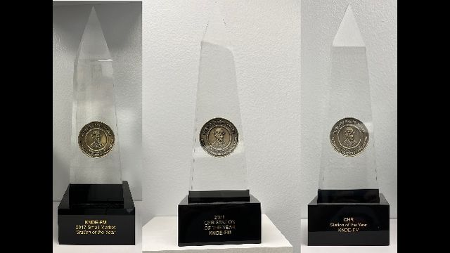 Candy 95 (KNDE-FM) Marconi Awards displayed in the Bryan Broadcasting reception area, July 25, 2023.