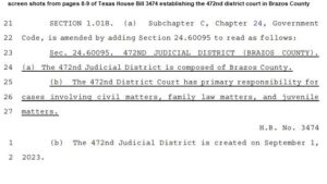 Screen shots from pages 8-9 of Texas House Bill 3474, which established the 472nd district court in Brazos County.