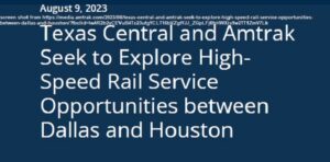 Screen shot from Amtrak's website https://media.amtrak.com/2023/08/texas-central-and-amtrak-seek-to-explore-high-speed-rail-service-opportunities-between-dallas-and-houston/?fbclid=IwAR2b2yCEVuB4Tz23ufgYCLT16bVZgtYJJ_ZGpLFj0bHWXis9w2TT1ZmV7Lk