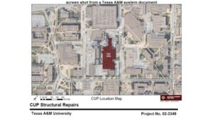 Screen shot from a Texas A&M system document, showing in maroon the location of the Texas A&M central utility plant.