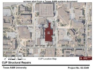Screen shot from a Texas A&M system document, showing in maroon the location of the Texas A&M central utility plant.