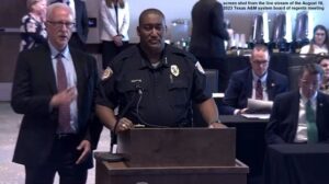Screen shot from the live stream of the August 16, 2023 Texas A&M system board of regents meeting of (L-R) Texas A&M chief operating officer Greg Hartman and police chief Michael Johnson.
