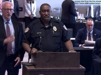 Screen shot from the live stream of the August 16, 2023 Texas A&M system board of regents meeting of (L-R) Texas A&M chief operating officer Greg Hartman and police chief Michael Johnson.