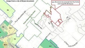 Image from a city of Bryan document showing in red the annexed land for the Stella Ranch development off FM 1179 near Steep Hollow Road.