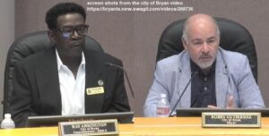 Screen shots of (L-R) Ray Arrington and Bobby Gutierrez from the city of Bryan video of the August 8, 2023 city council meeting at https://bryantx.new.swagit.com/videos/268736