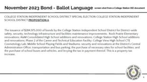 Screen shot from a College Station ISD document showing the ballot language for proposition "A" in the November 2023 bond election.