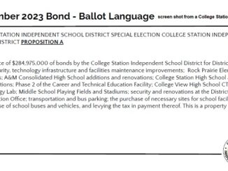 Screen shot from a College Station ISD document showing the ballot language for proposition "A" in the November 2023 bond election.