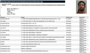 Screen shots of the August 6, 2023 jail booking of Jerry Morris Jr. from https://jailsearch.brazoscountytx.gov/JailSearch/JailingDetail.aspx?JailingID=362363