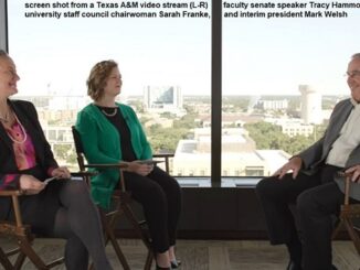 Screen shot from a Texas A&M video stream showing (L-R) faculty senate speaker Tracy Hammond, university staff council chairwoman Sarah Franke, and interim president Mark Welsh.