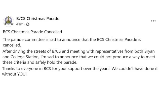 Screen shots from the B/CS Christmas parade Facebook page.