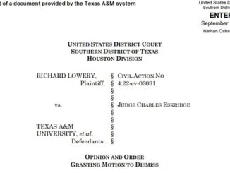 Screen shot from a federal court document provided by the Texas A&M system.