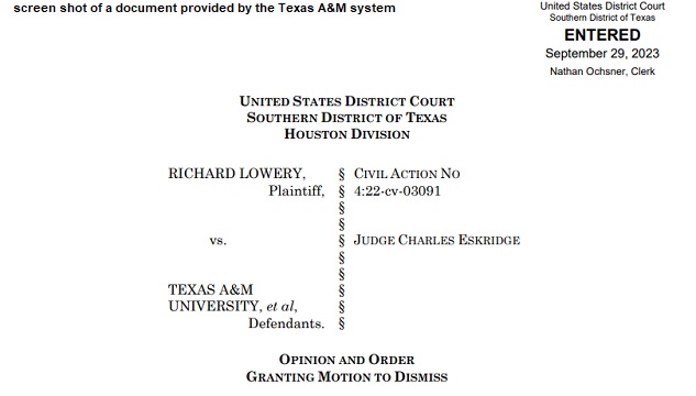 Screen shot from a federal court document provided by the Texas A&M system.