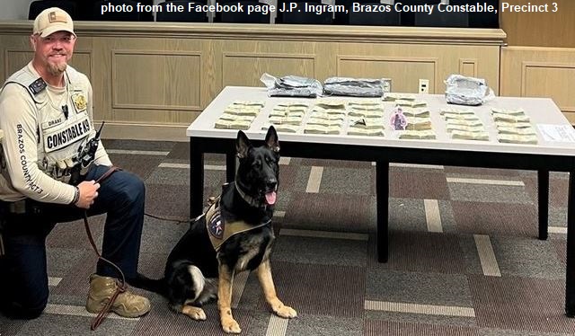 Photo showing K-9 Diego and Andy Drake is from the Facebook page J.P. Ingram, Brazos County Constable, Precinct 3