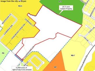 Image from the city of Bryan showing in red, the area of the requested annexation.