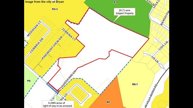 Image from the city of Bryan showing in red, the area of the requested annexation.