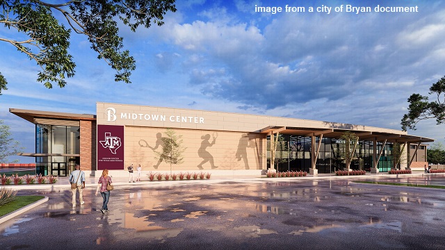 Image of the architect's rendering of the Midtown Park indoor tennis center from the city of Bryan.