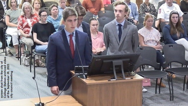 Screen shot of Texas A&M student senate members (L-R) Andrew Applewhite, Ben Crockett, and Luke Morrison from the archived video of the September 28, 2023 College Station city council meeting.