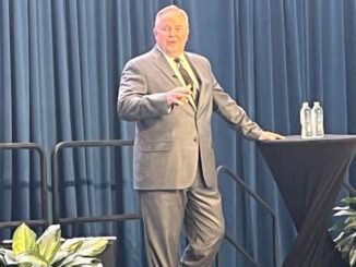 Texas A&M president Mark Welsh addressing employees and students on October 4, 2023.