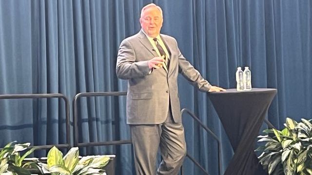 Texas A&M president Mark Welsh addressing employees and students on October 4, 2023.