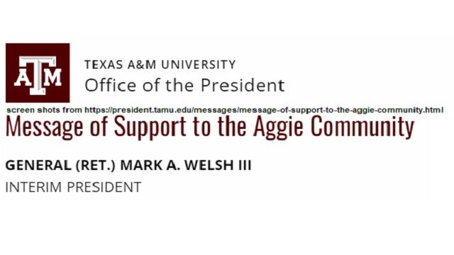 Screen shots from https://president.tamu.edu/messages/message-of-support-to-the-aggie-community.html