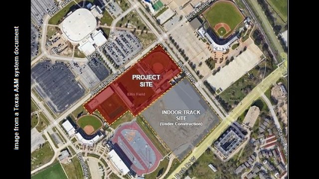 Image from a Texas A&M system document showing the location of Ellis Field and the west campus player development center.