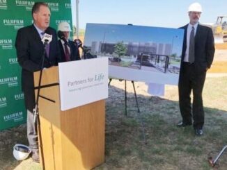 At the podium, FUJIFILM Diosynth Biotechnologies chief operating officer Gerry Farrell speaks at the groundbreaking of the Advanced Therapies Innovation Center on August 19, 2020.