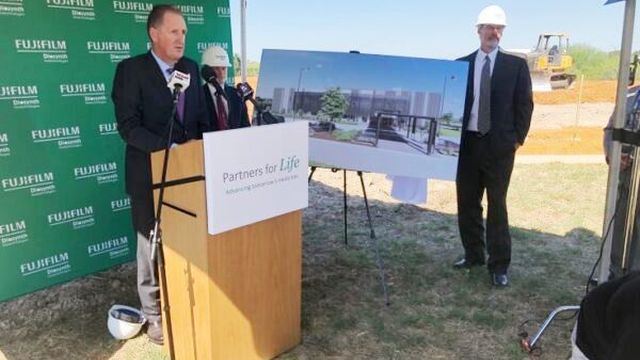 At the podium, FUJIFILM Diosynth Biotechnologies chief operating officer Gerry Farrell speaks at the groundbreaking of the Advanced Therapies Innovation Center on August 19, 2020.