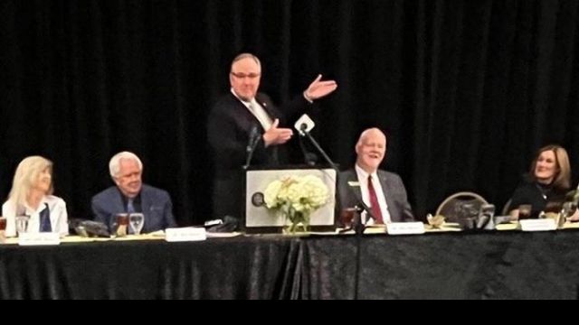 Texas A&M interim president Mark Welsh speaking at the Bryan/College Station chamber of commerce annual banquet, November 13, 2023.