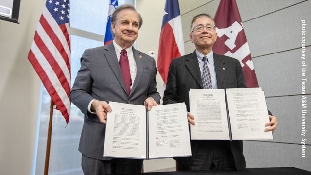 Photo courtesy of the Texas A&M University System of (L-R) Chancellor John Sharp and President Wen-Chang Chen Coordinator of The University Academic Alliance in Taiwan.