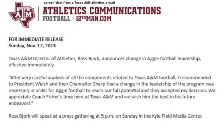 Screen shot from a Texas A&M athletics e-mail.