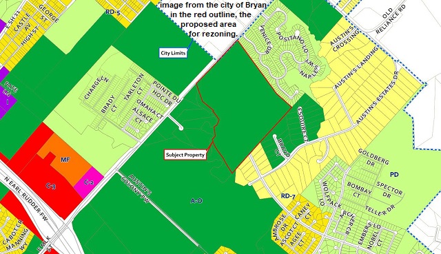 Image from the city of Bryan in the red outline, the proposed area for rezoning.