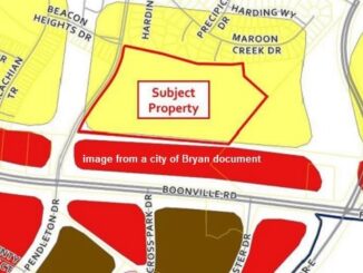 Image from a city of Bryan document showing in the red outline, the proposed area for 100 new homes north of Boonville Road and between Pendleton and University.