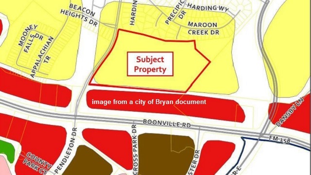 Image from a city of Bryan document showing in the red outline, the proposed area for 100 new homes north of Boonville Road and between Pendleton and University.