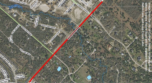 Image from the city of College Station showing in red, where Greens Prairie Road will be widened between Dalton Lane and Long Creek Lane.