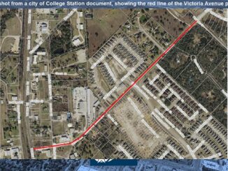 Screen shot from a city of College Station document, showing the red line of the Victoria Avenue project area.