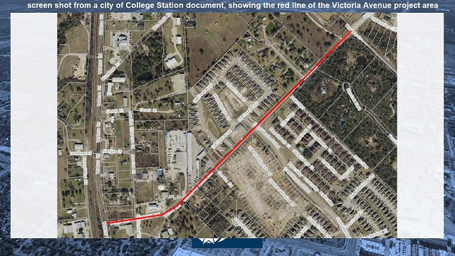 Screen shot from a city of College Station document, showing the red line of the Victoria Avenue project area.