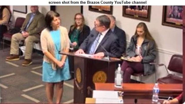 Screen shot from the Brazos County YouTube channel of (L) Lora Jorgensen-Tjornehoj at the January 30, 2024 county commission meeting.