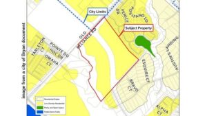 Image from a city of Bryan document, showing in the red box the location of the proposed housing development.