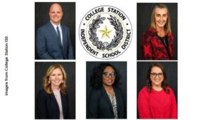 Images from College Station ISD of (top row L-R) Josh Symank and Penné Liefer and (bottom row L-R) Christy Beaudry, Bridget Cooper, and Melanie Young.