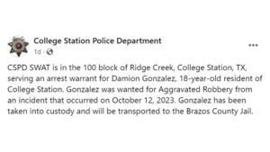 Screen shot from the College Station police department's Facebook page.