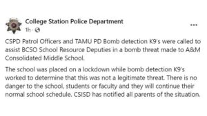 Screen shot from the College Station police department's Facebook page.