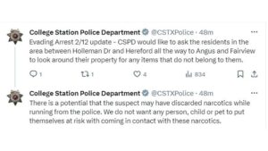 Screen shot from the College Station police department's Twitter/X account.